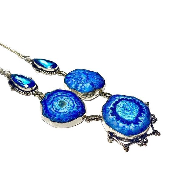 Blue Solar Quartz & Topaz Gemstones in a 925 Sterling Silver Overlay Necklace - Picture 2 of 8